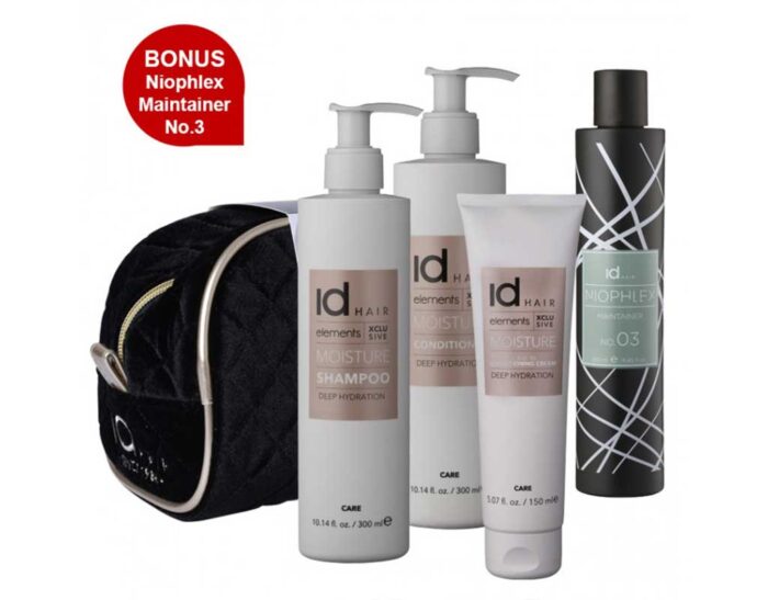 Set Moisture Pentru Hidratare Elements Xclusive IdHAIR contine: Sampon si balsam pentru hidratare, crema Leave-In, Borseta catifea, Niophlex Maintainer No.3