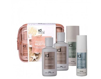 Travel KIT Pentru Hidratare Moisture IdHAIR contine: Sampon si Balsam Moisture pentru hidratare, Intense Hairspray, 911 Rescue Spray si o Borseta.