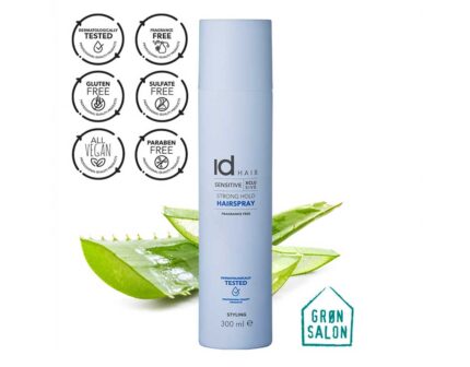 Fixativ fixare puternica Sensitive Hairspray IdHAIR este un fixativ fără parfum care conferă o fixare puternică si de durata coafurii. Acest fixativ este îmbogățit cu aloe vera cu rol de hidratare a parului și este testat dermatologic, ceea ce îl recomanda persoanelor cu afectiuni ale scalpului sau persoanelor cu scalp sensibil, iritat.