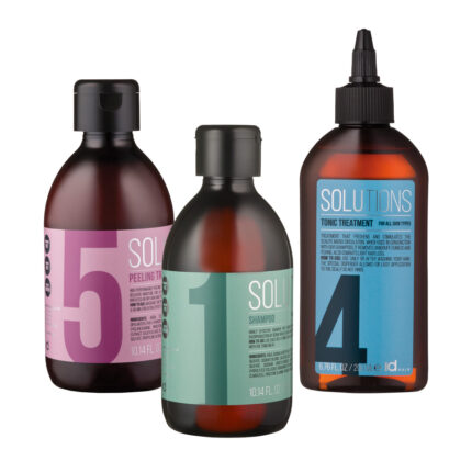 Kit pentru tratare scalp gras/matreata umeda Solutions de la IdHAIR este conceput special pentru combaretea scalpului gras si/sau iritat si a supra-productiei de sebum. Kitul pentru tratare scalp gras Solutions contine: Tratament peeling Solutions No.5 – 300ml, Sampon pentru matreata umeda si scalp gras Solutions No.1 – 300ml, Tratament Tonic Solutions No.4 pentru toate tipurile de scalp – 200ml.